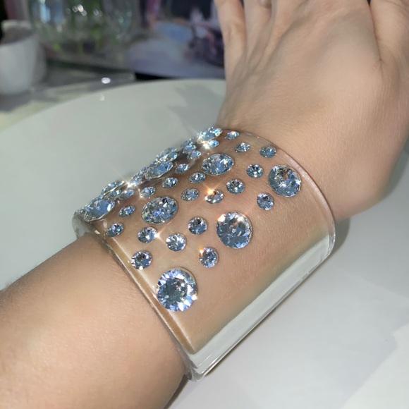Clear Acrylic Swarovski Crystal Embellished Wide Chunky Cuff Bracelet for Women - Picture 17 of 17